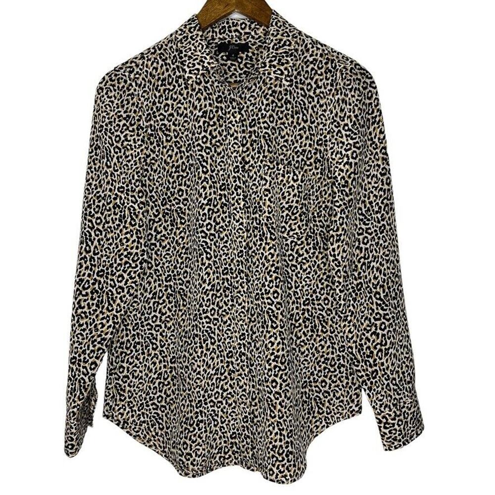 J Crew Brown 100% Silk Leopard Cheetah Print Button Up Long Sleeve Top 4 Women